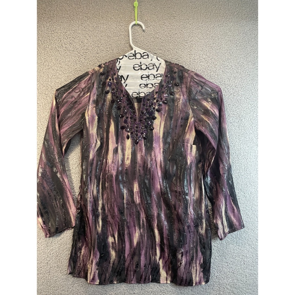 Chico's Women Pullover Tunic Sheer Purple Metallic V-Neck Beading at Collar 0